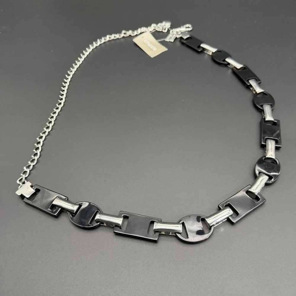 Chico's Belt Women's Size Small/ Medium Silver Tone Black Enamel Adjustable NWT